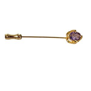 Gold Tone Purple Faceted Prong Set Oval Rhinestone Stick, Lapel Pin L100